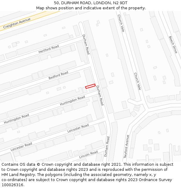 50, DURHAM ROAD, LONDON, N2 9DT: Location map and indicative extent of plot