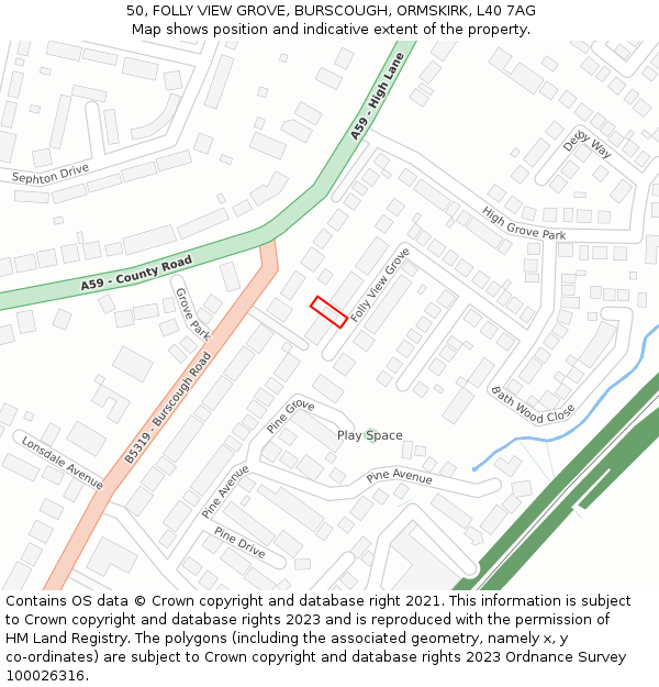 50, FOLLY VIEW GROVE, BURSCOUGH, ORMSKIRK, L40 7AG: Location map and indicative extent of plot