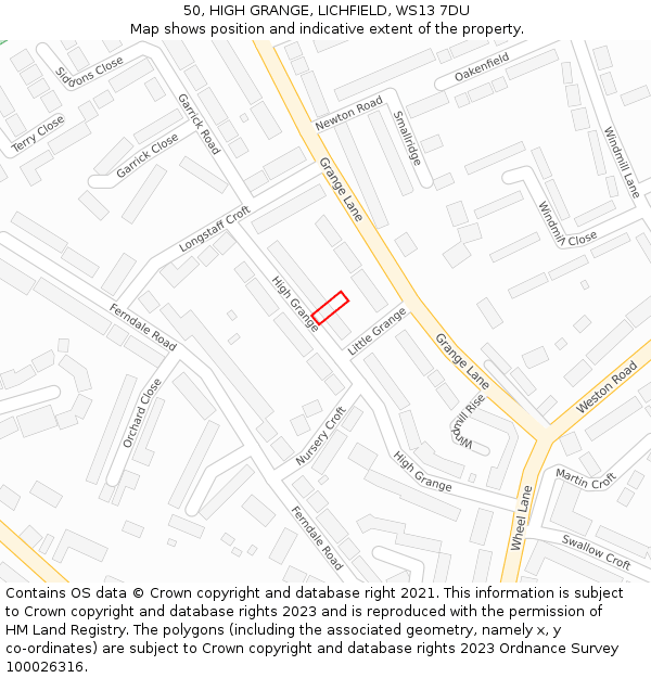 50, HIGH GRANGE, LICHFIELD, WS13 7DU: Location map and indicative extent of plot