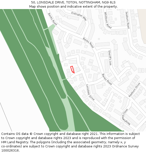 50, LONSDALE DRIVE, TOTON, NOTTINGHAM, NG9 6LS: Location map and indicative extent of plot