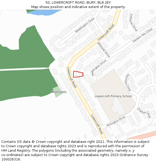 50, LOWERCROFT ROAD, BURY, BL8 2EY: Location map and indicative extent of plot