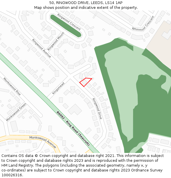 50, RINGWOOD DRIVE, LEEDS, LS14 1AP: Location map and indicative extent of plot