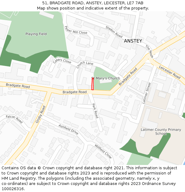 51, BRADGATE ROAD, ANSTEY, LEICESTER, LE7 7AB: Location map and indicative extent of plot