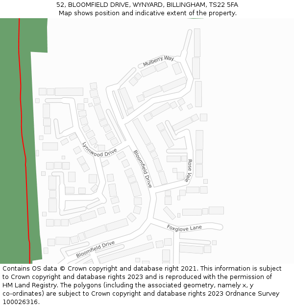 52, BLOOMFIELD DRIVE, WYNYARD, BILLINGHAM, TS22 5FA: Location map and indicative extent of plot