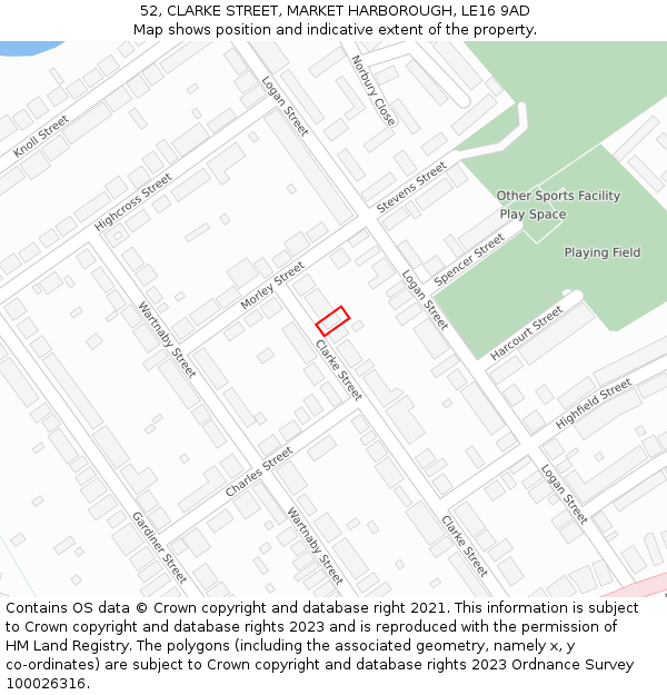 52, CLARKE STREET, MARKET HARBOROUGH, LE16 9AD: Location map and indicative extent of plot