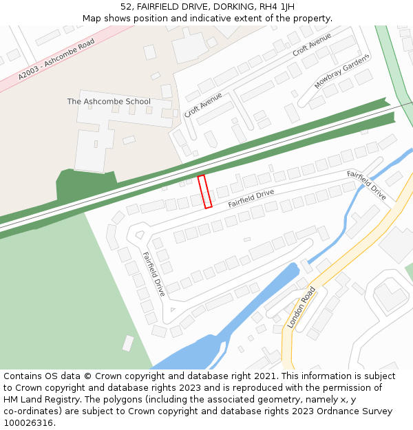 52, FAIRFIELD DRIVE, DORKING, RH4 1JH: Location map and indicative extent of plot