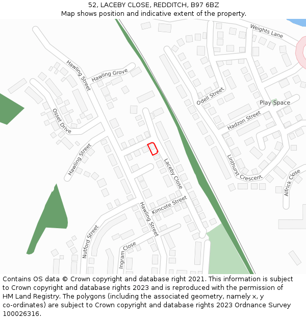 52, LACEBY CLOSE, REDDITCH, B97 6BZ: Location map and indicative extent of plot