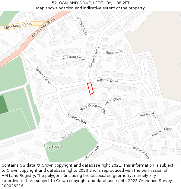 52, OAKLAND DRIVE, LEDBURY, HR8 2ET: Location map and indicative extent of plot