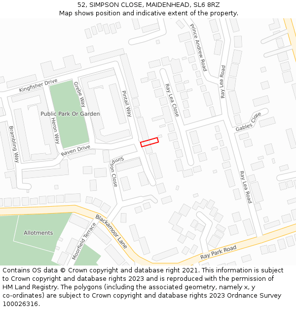 52, SIMPSON CLOSE, MAIDENHEAD, SL6 8RZ: Location map and indicative extent of plot