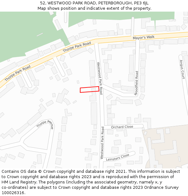 52, WESTWOOD PARK ROAD, PETERBOROUGH, PE3 6JL: Location map and indicative extent of plot