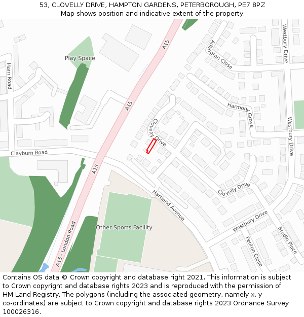 53, CLOVELLY DRIVE, HAMPTON GARDENS, PETERBOROUGH, PE7 8PZ: Location map and indicative extent of plot