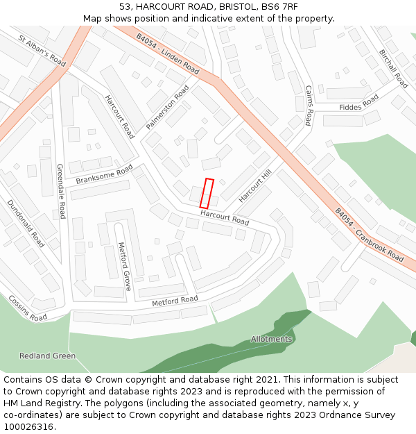 53, HARCOURT ROAD, BRISTOL, BS6 7RF: Location map and indicative extent of plot
