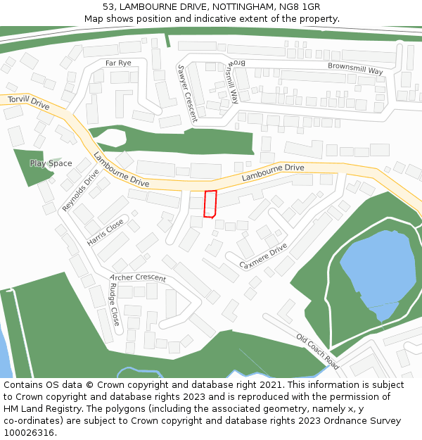 53, LAMBOURNE DRIVE, NOTTINGHAM, NG8 1GR: Location map and indicative extent of plot