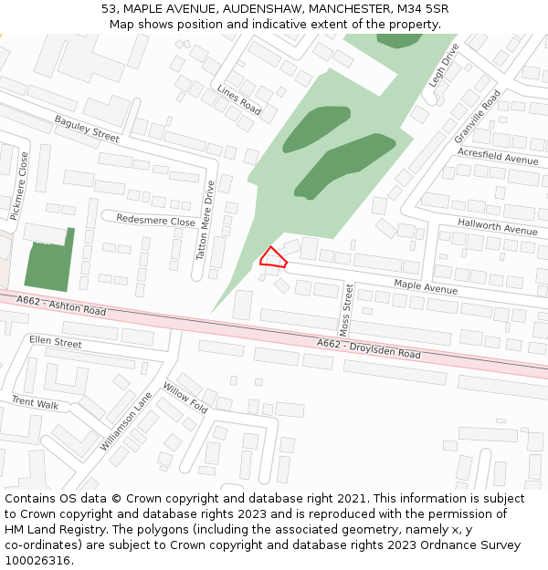 53, MAPLE AVENUE, AUDENSHAW, MANCHESTER, M34 5SR: Location map and indicative extent of plot