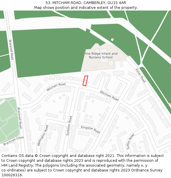 53, MITCHAM ROAD, CAMBERLEY, GU15 4AR: Location map and indicative extent of plot