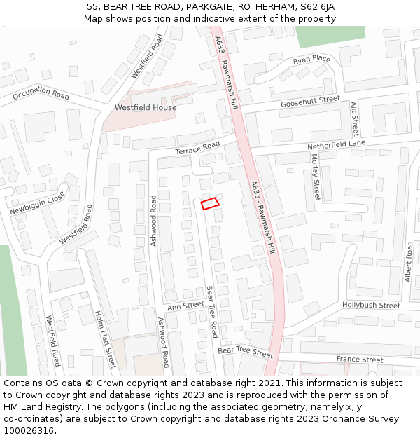 55, BEAR TREE ROAD, PARKGATE, ROTHERHAM, S62 6JA: Location map and indicative extent of plot