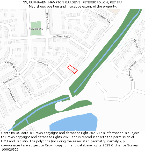 55, FAIRHAVEN, HAMPTON GARDENS, PETERBOROUGH, PE7 8RF: Location map and indicative extent of plot