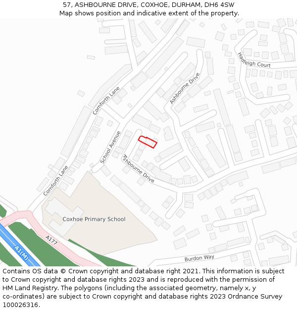 57, ASHBOURNE DRIVE, COXHOE, DURHAM, DH6 4SW: Location map and indicative extent of plot