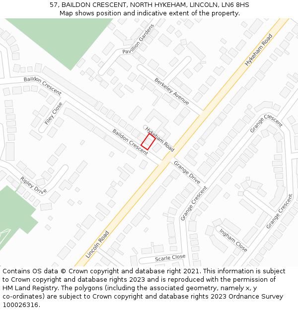 57, BAILDON CRESCENT, NORTH HYKEHAM, LINCOLN, LN6 8HS: Location map and indicative extent of plot