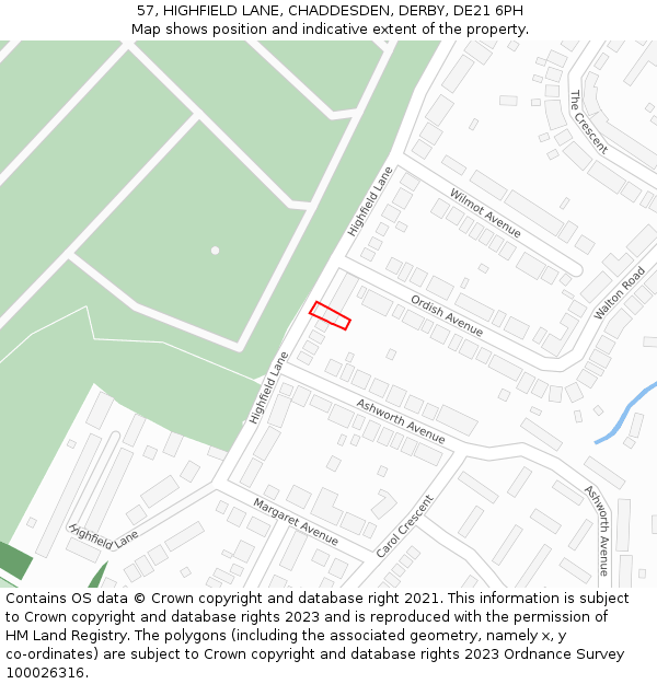 57, HIGHFIELD LANE, CHADDESDEN, DERBY, DE21 6PH: Location map and indicative extent of plot