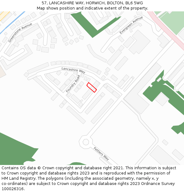 57, LANCASHIRE WAY, HORWICH, BOLTON, BL6 5WG: Location map and indicative extent of plot