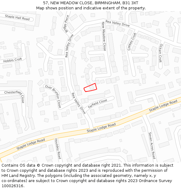 57, NEW MEADOW CLOSE, BIRMINGHAM, B31 3XT: Location map and indicative extent of plot