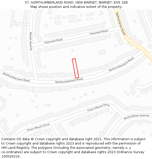 57, NORTHUMBERLAND ROAD, NEW BARNET, BARNET, EN5 1EB: Location map and indicative extent of plot