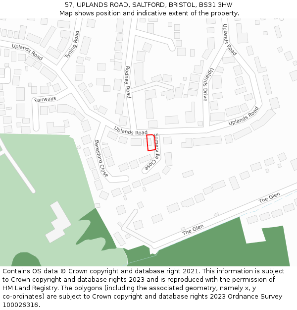 57, UPLANDS ROAD, SALTFORD, BRISTOL, BS31 3HW: Location map and indicative extent of plot