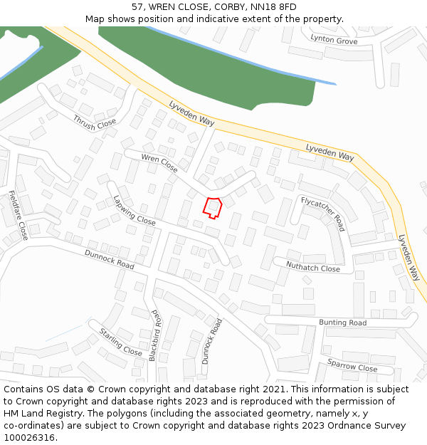 57, WREN CLOSE, CORBY, NN18 8FD: Location map and indicative extent of plot