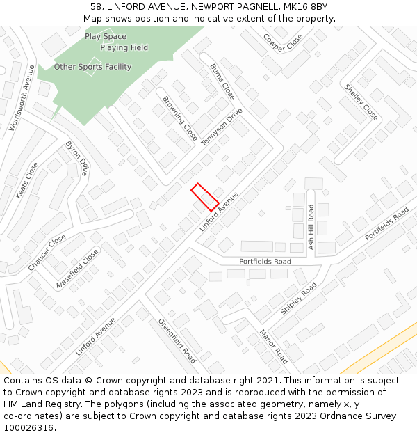 58, LINFORD AVENUE, NEWPORT PAGNELL, MK16 8BY: Location map and indicative extent of plot