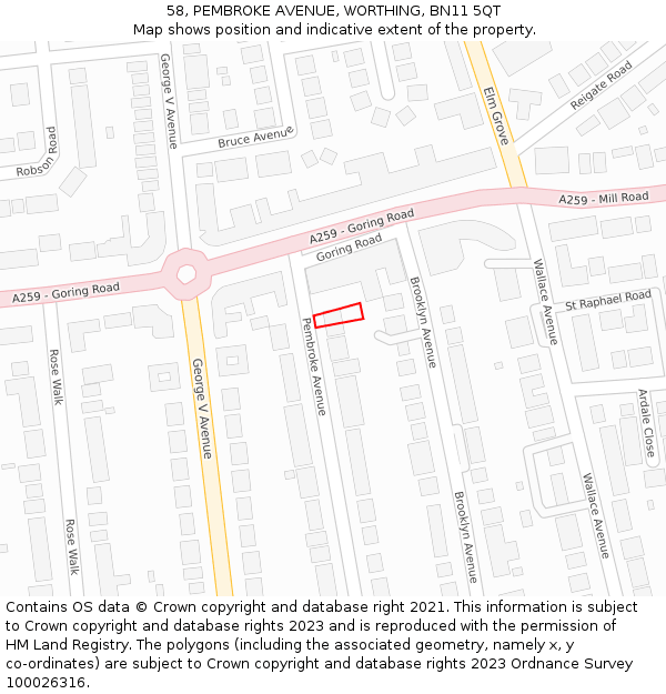 58, PEMBROKE AVENUE, WORTHING, BN11 5QT: Location map and indicative extent of plot
