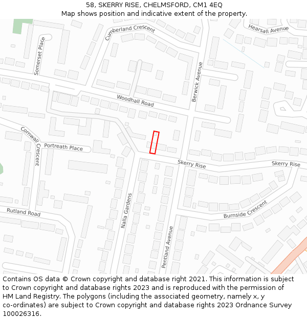 58, SKERRY RISE, CHELMSFORD, CM1 4EQ: Location map and indicative extent of plot