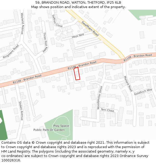 59, BRANDON ROAD, WATTON, THETFORD, IP25 6LB: Location map and indicative extent of plot