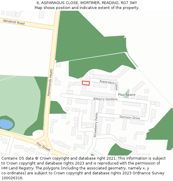 6, ASPARAGUS CLOSE, MORTIMER, READING, RG7 3WY: Location map and indicative extent of plot