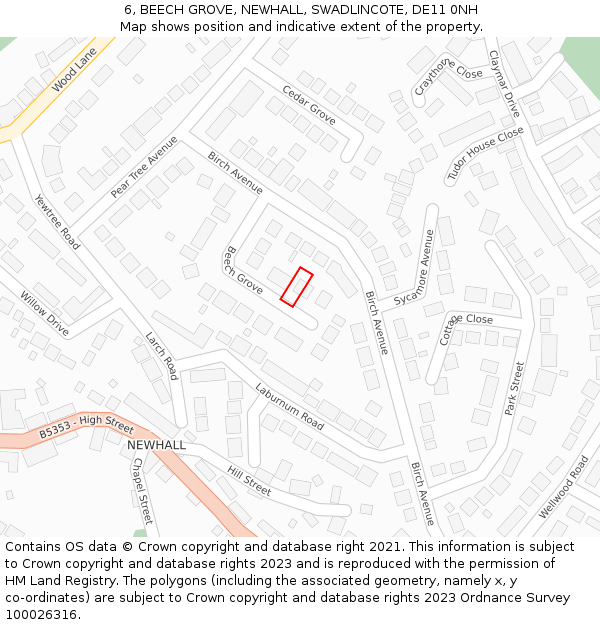 6, BEECH GROVE, NEWHALL, SWADLINCOTE, DE11 0NH: Location map and indicative extent of plot