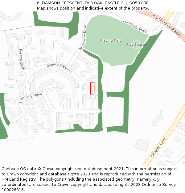 6, DAMSON CRESCENT, FAIR OAK, EASTLEIGH, SO50 8RE: Location map and indicative extent of plot