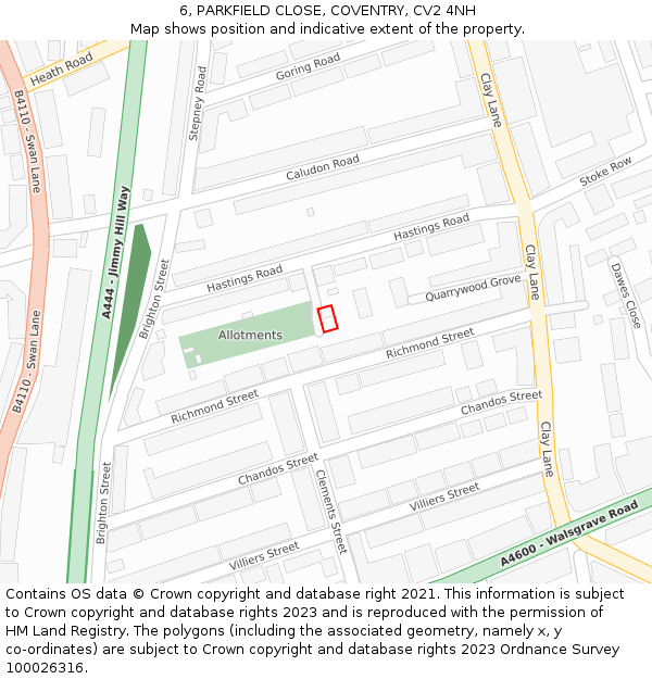 6, PARKFIELD CLOSE, COVENTRY, CV2 4NH: Location map and indicative extent of plot