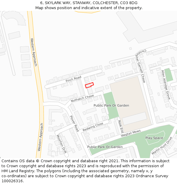 6, SKYLARK WAY, STANWAY, COLCHESTER, CO3 8DG: Location map and indicative extent of plot