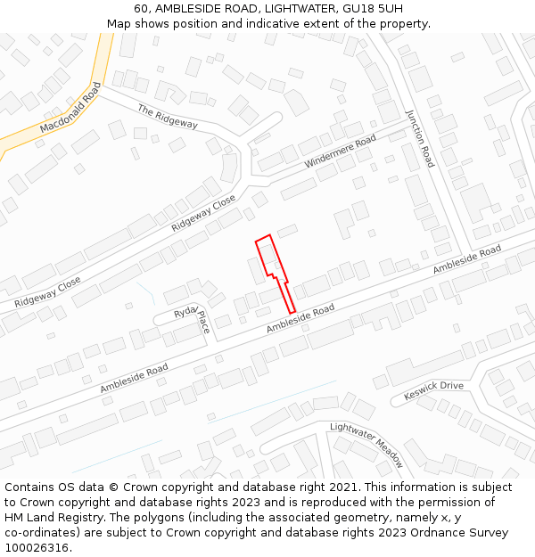 60, AMBLESIDE ROAD, LIGHTWATER, GU18 5UH: Location map and indicative extent of plot