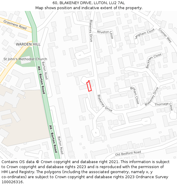 60, BLAKENEY DRIVE, LUTON, LU2 7AL: Location map and indicative extent of plot