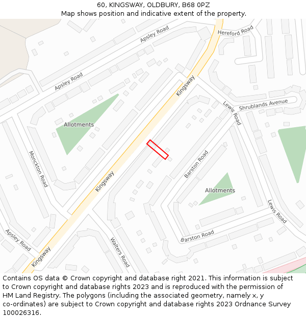 60, KINGSWAY, OLDBURY, B68 0PZ: Location map and indicative extent of plot