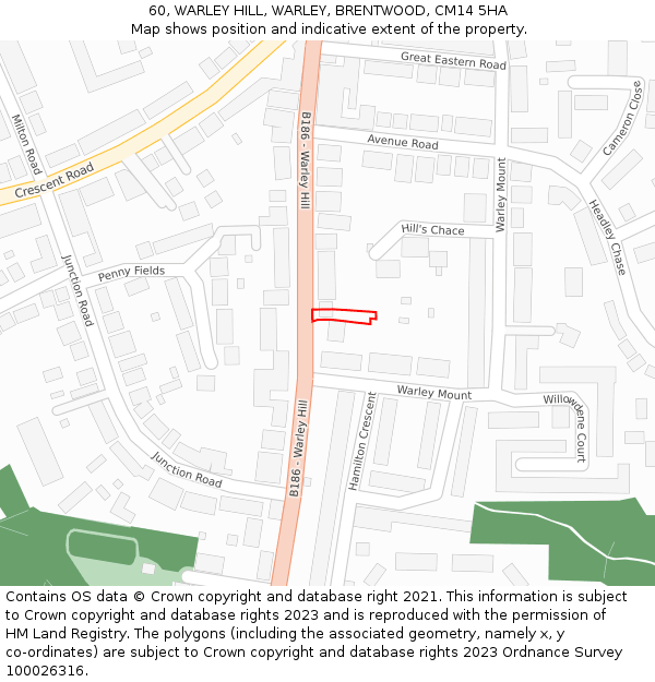60, WARLEY HILL, WARLEY, BRENTWOOD, CM14 5HA: Location map and indicative extent of plot