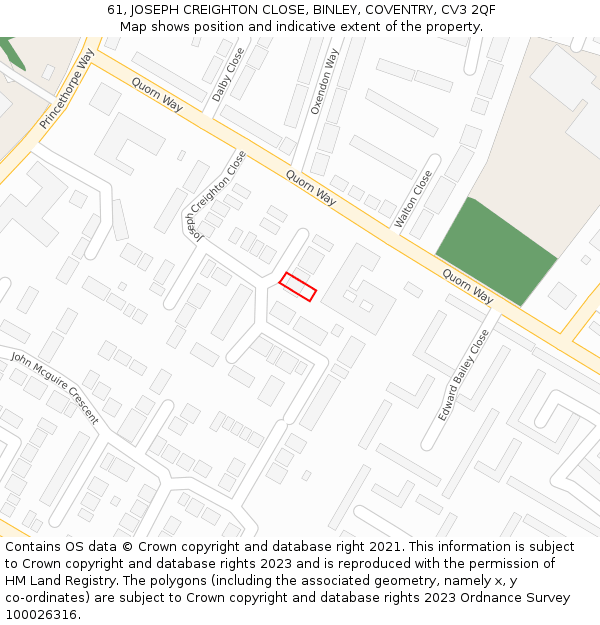 61, JOSEPH CREIGHTON CLOSE, BINLEY, COVENTRY, CV3 2QF: Location map and indicative extent of plot