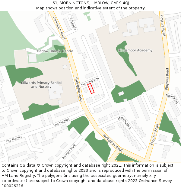 61, MORNINGTONS, HARLOW, CM19 4QJ: Location map and indicative extent of plot