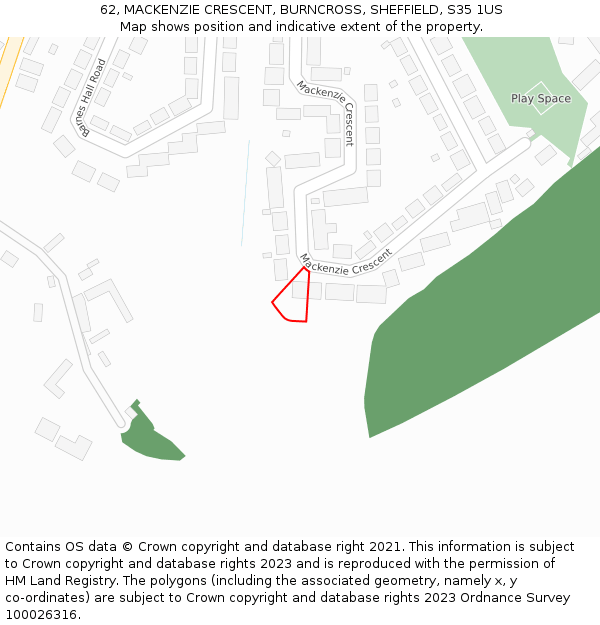 62, MACKENZIE CRESCENT, BURNCROSS, SHEFFIELD, S35 1US: Location map and indicative extent of plot