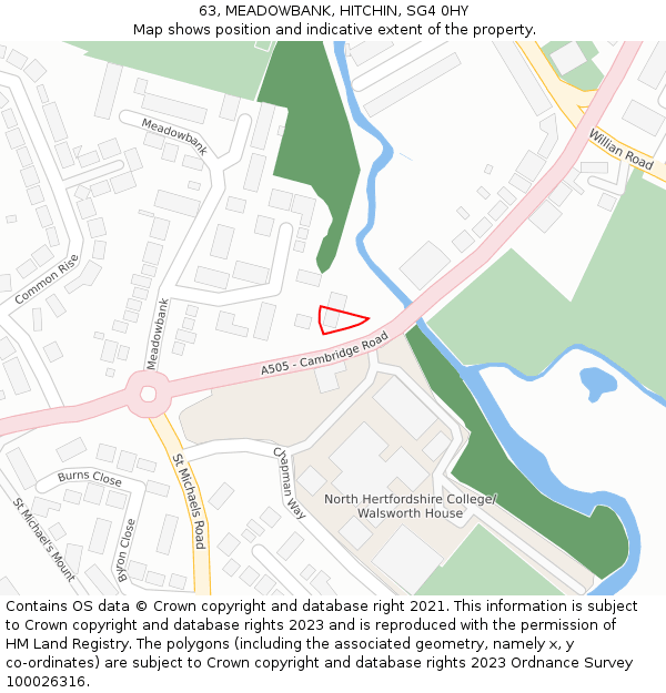 63, MEADOWBANK, HITCHIN, SG4 0HY: Location map and indicative extent of plot