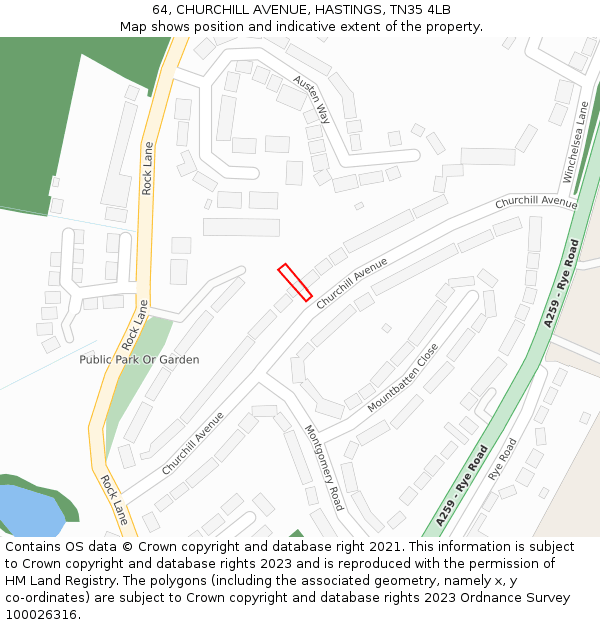 64, CHURCHILL AVENUE, HASTINGS, TN35 4LB: Location map and indicative extent of plot