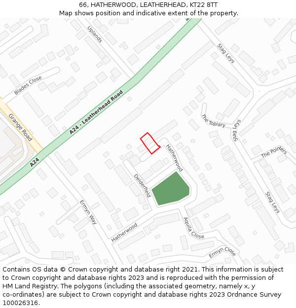 66, HATHERWOOD, LEATHERHEAD, KT22 8TT: Location map and indicative extent of plot