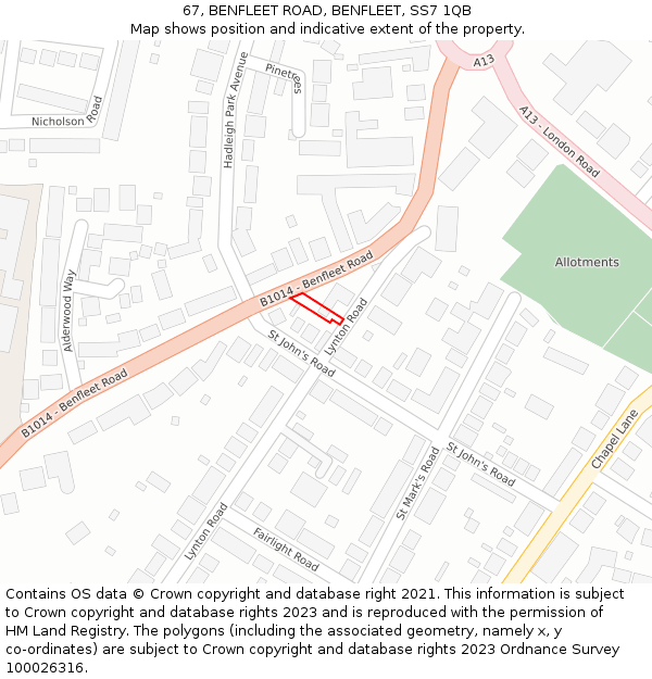 67, BENFLEET ROAD, BENFLEET, SS7 1QB: Location map and indicative extent of plot