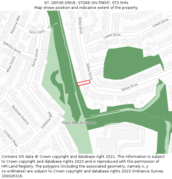 67, DEFOE DRIVE, STOKE-ON-TRENT, ST3 5HN: Location map and indicative extent of plot
